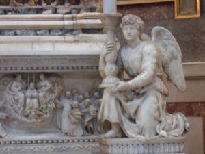 The angel by Michelangelo, created out of marble in 1494-1495, in the Basilica of San Domenico, Bologna.